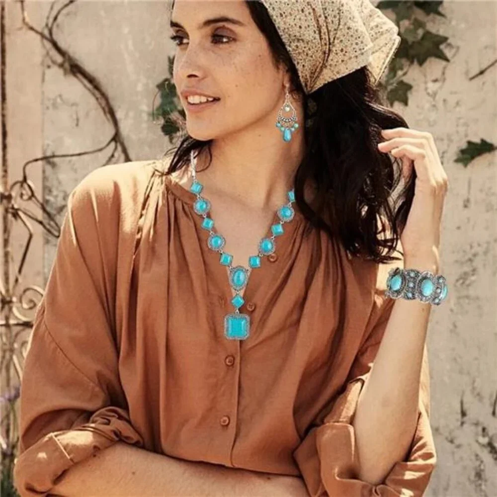 Bohemian Turquoise Necklace Set - Women's Cowgirl Chic Jewelry Set Turquoise